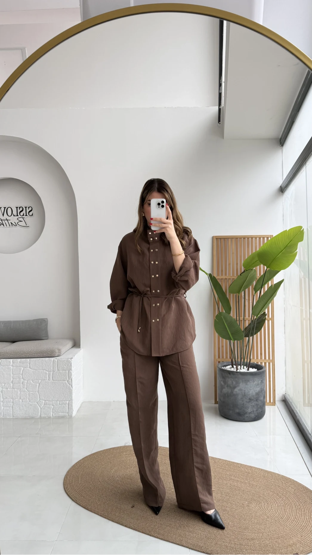 Geniş Yaka Bağcıklı Gömlek Pantolon Takım - Kahve - Kod: 51298