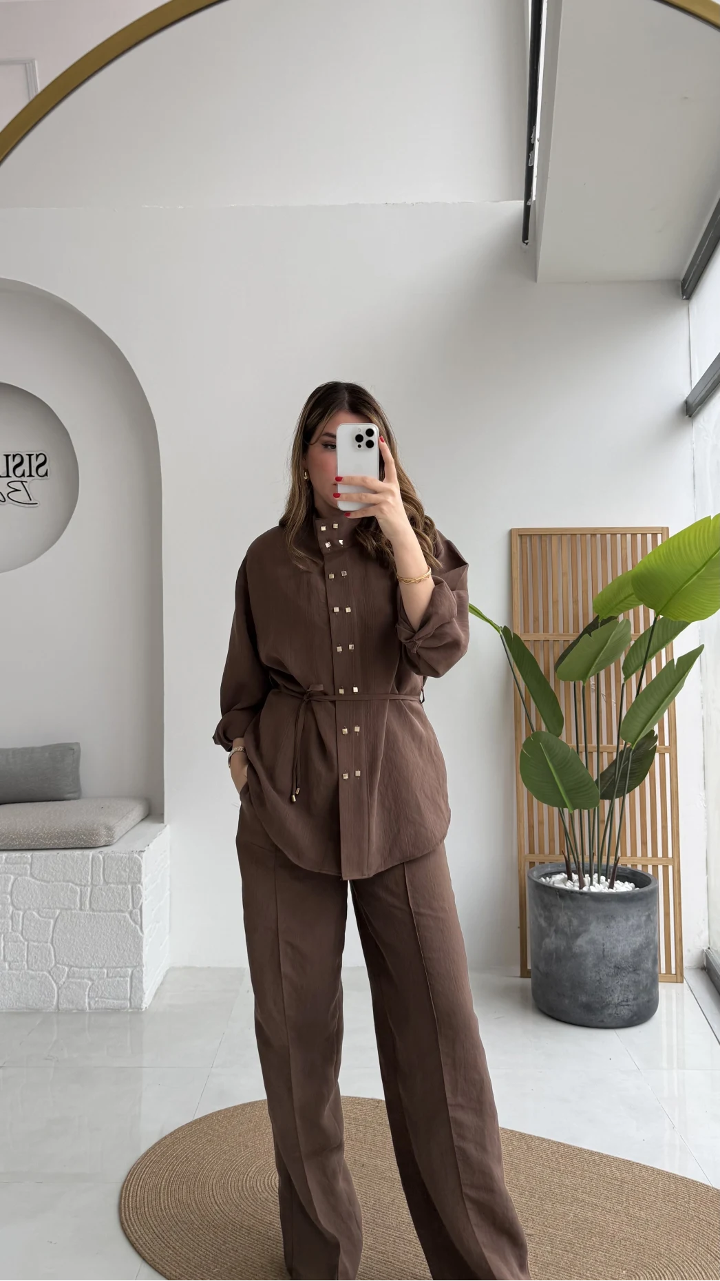 Geniş Yaka Bağcıklı Gömlek Pantolon Takım - Kahve - Kod: 51298