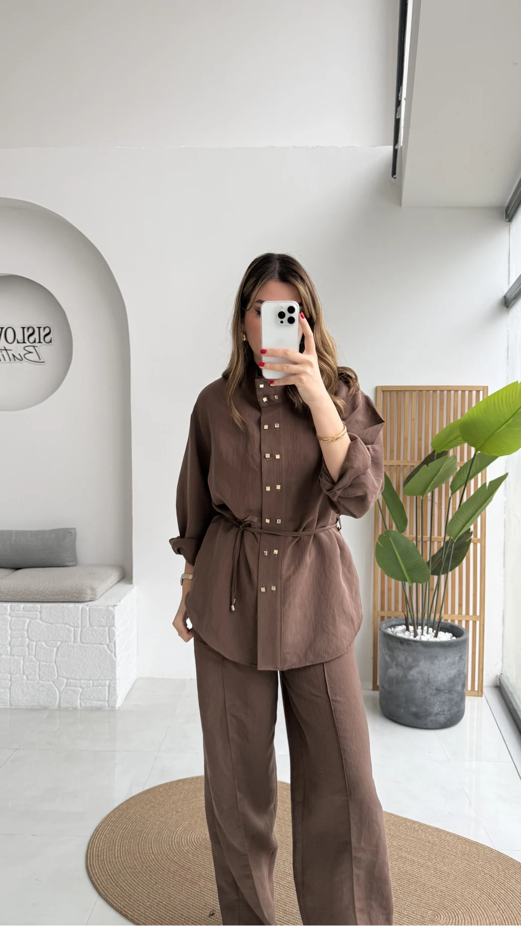 Geniş Yaka Bağcıklı Gömlek Pantolon Takım - Kahve - Kod: 51298