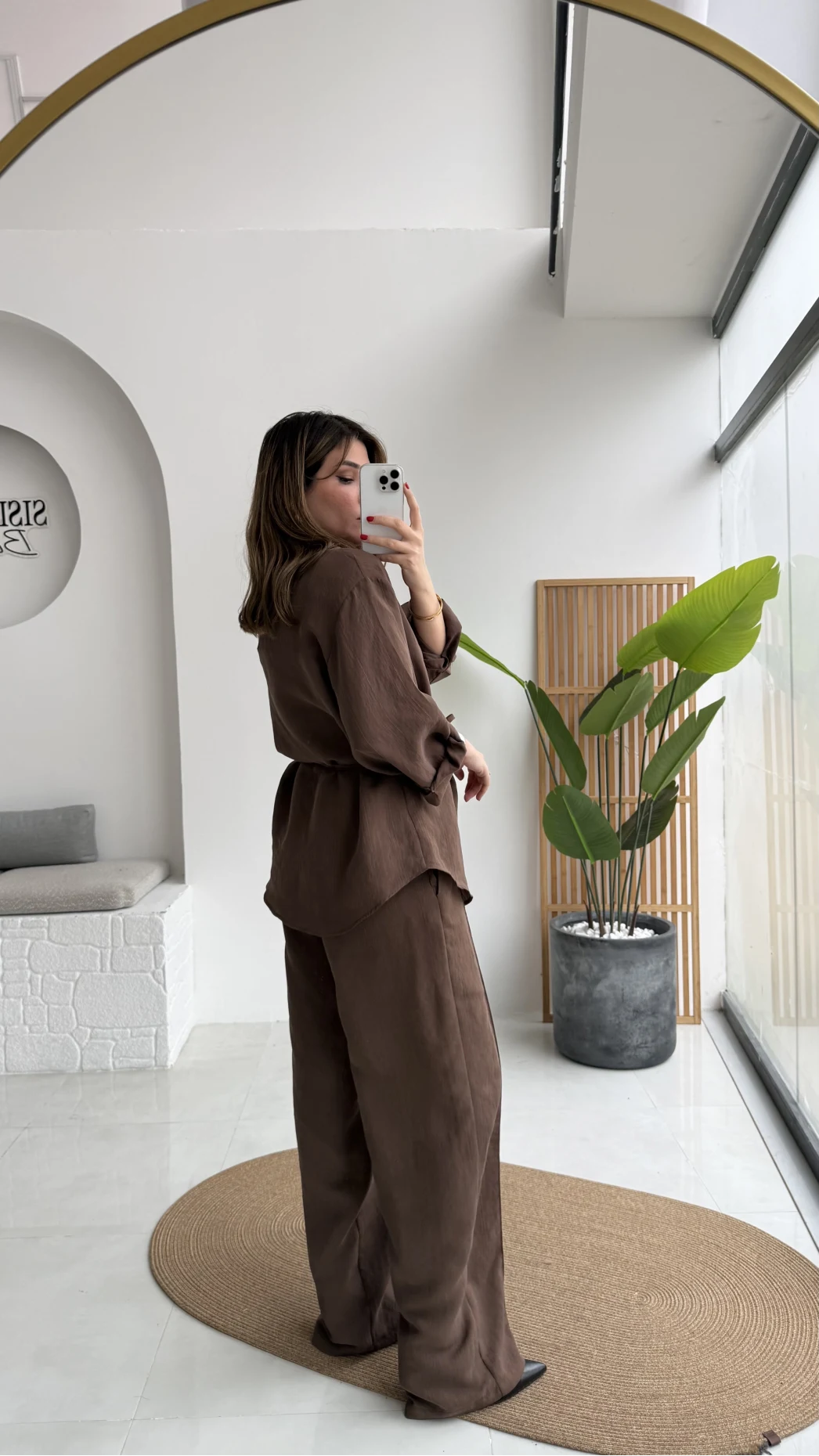 Geniş Yaka Bağcıklı Gömlek Pantolon Takım - Kahve - Kod: 51298