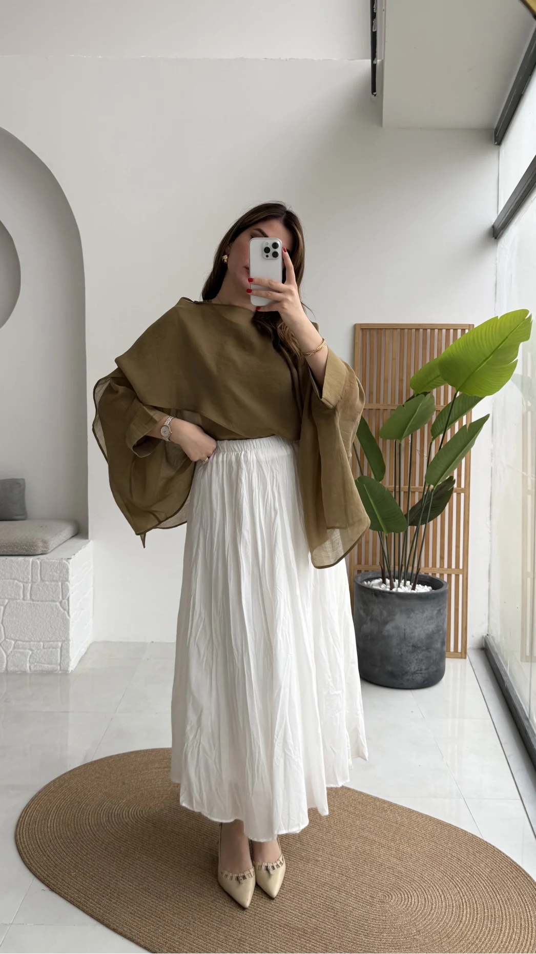 Pole Astarlı Kırışık Kloş Etek - Beyaz- Kod: 3000