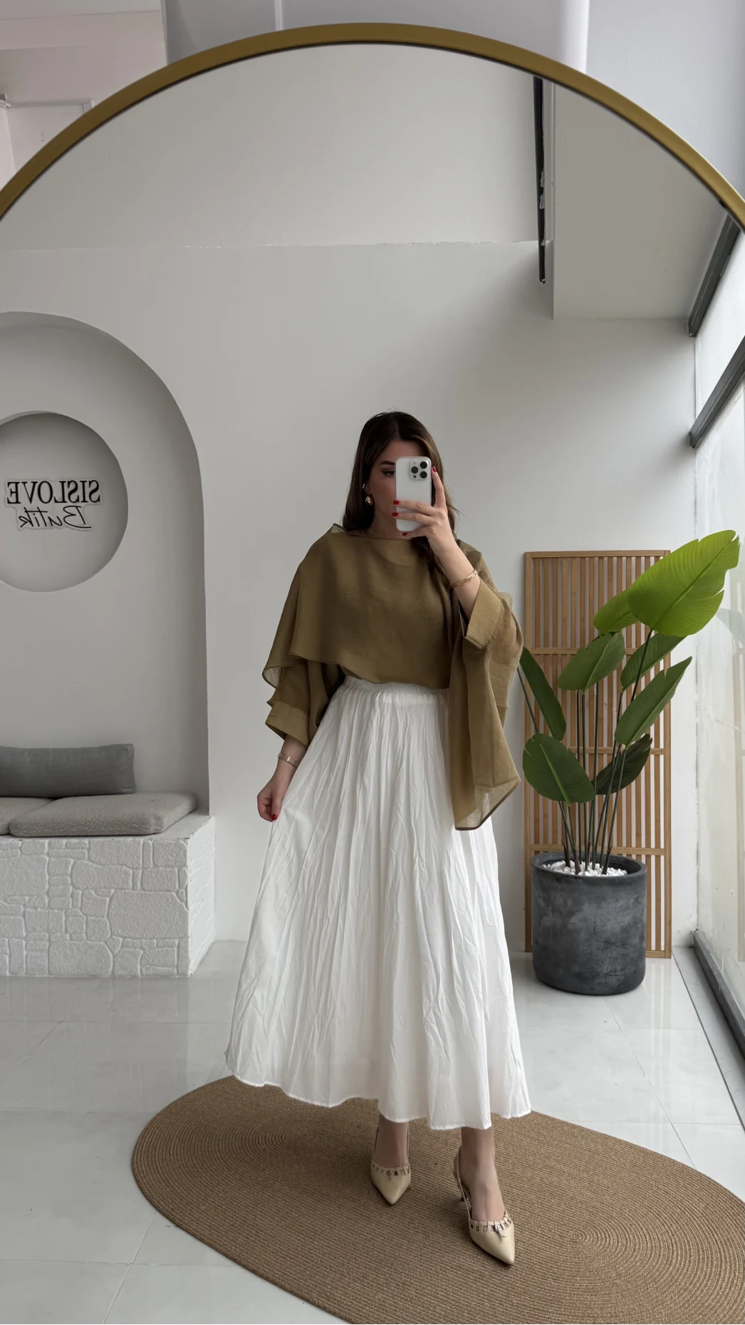 Pole Astarlı Kırışık Kloş Etek - Beyaz- Kod: 3000