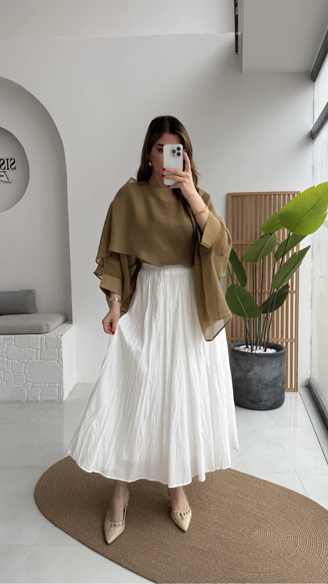 Pole Astarlı Kırışık Kloş Etek - Beyaz- Kod: 3000