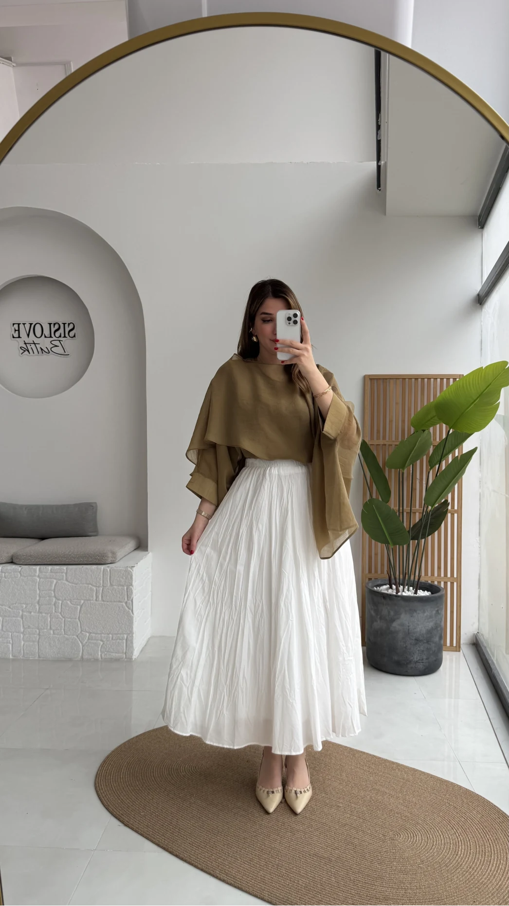 Pole Astarlı Kırışık Kloş Etek - Beyaz- Kod: 3000