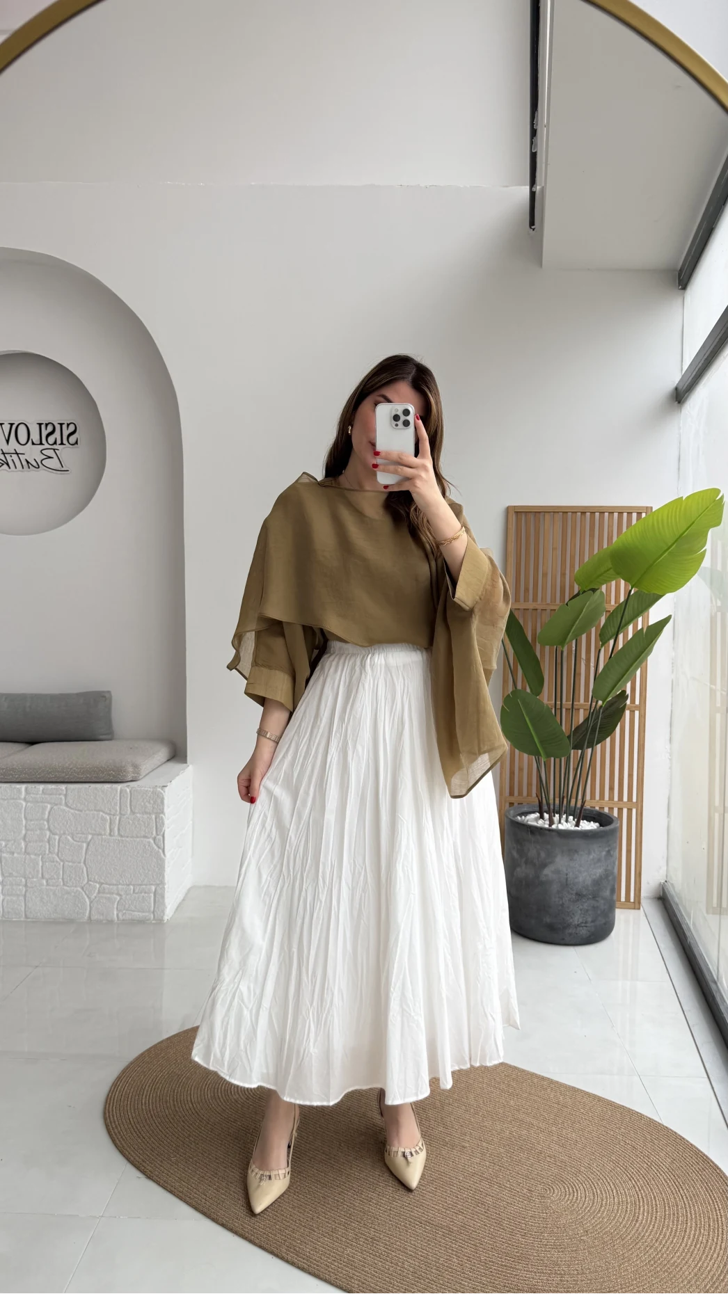 Pole Astarlı Kırışık Kloş Etek - Beyaz- Kod: 3000