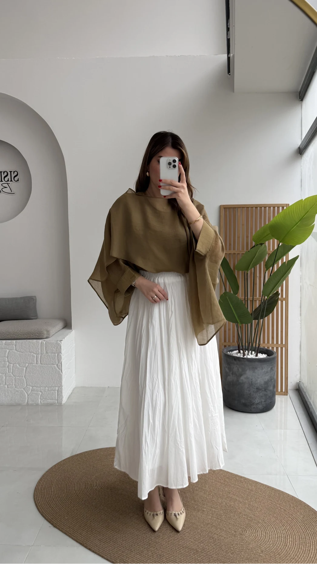 Pole Astarlı Kırışık Kloş Etek - Beyaz- Kod: 3000