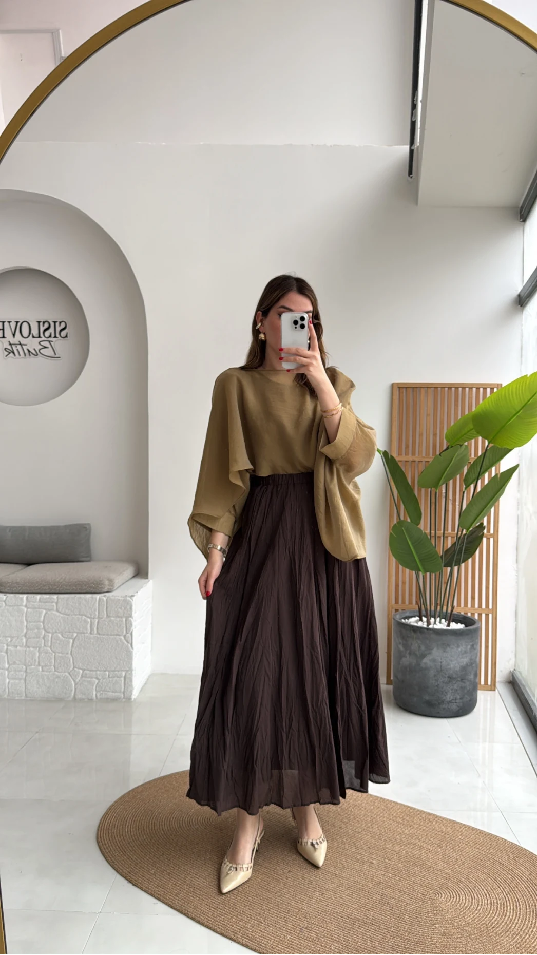 Polis Astarlı Kırışık Kloş Etek - Kahverengi - Kod: 3000