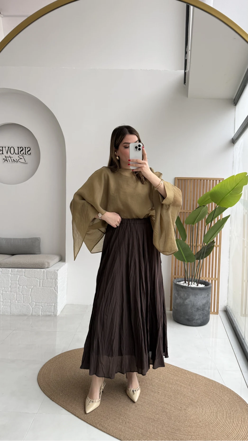 Polis Astarlı Kırışık Kloş Etek - Kahverengi - Kod: 3000