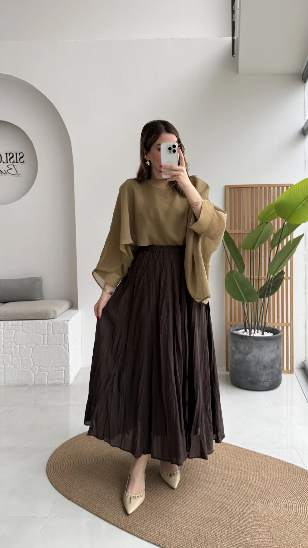 Polis Astarlı Kırışık Kloş Etek - Kahverengi - Kod: 3000