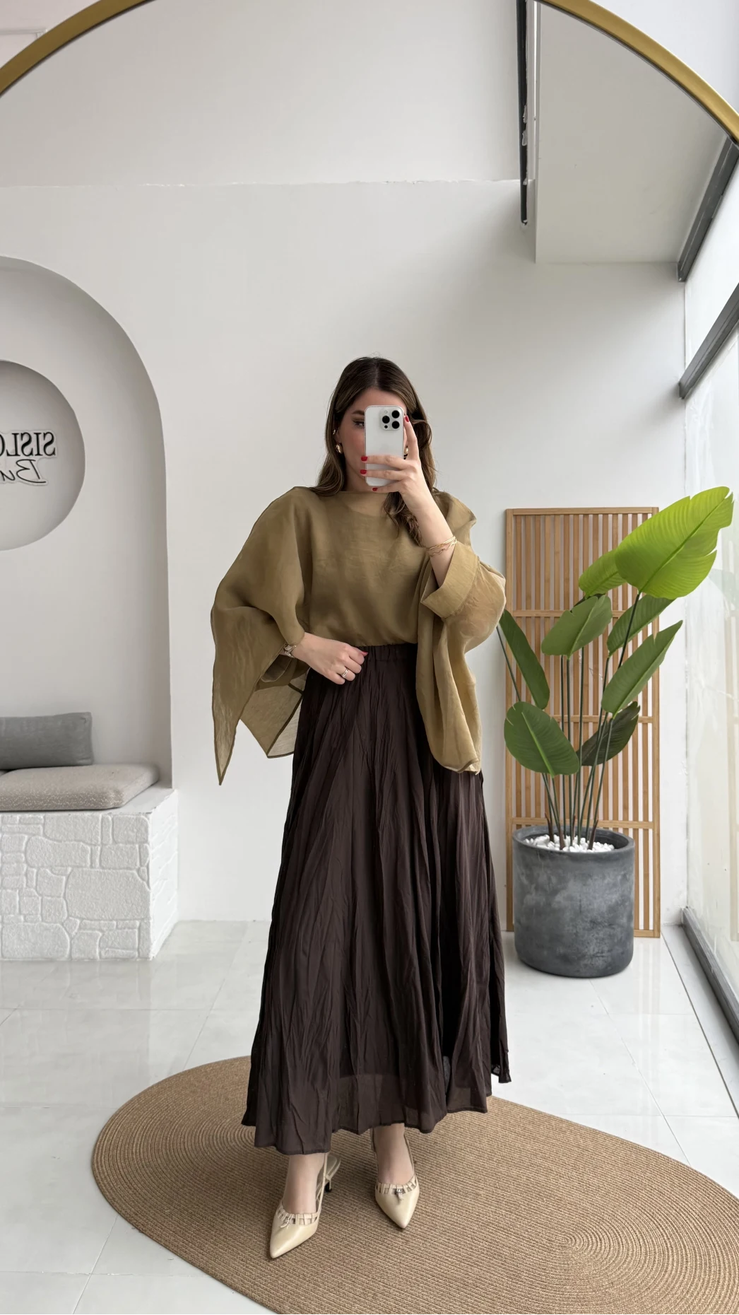 Polis Astarlı Kırışık Kloş Etek - Kahverengi - Kod: 3000