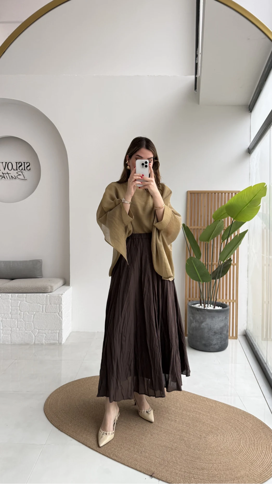 Polis Astarlı Kırışık Kloş Etek - Kahverengi - Kod: 3000