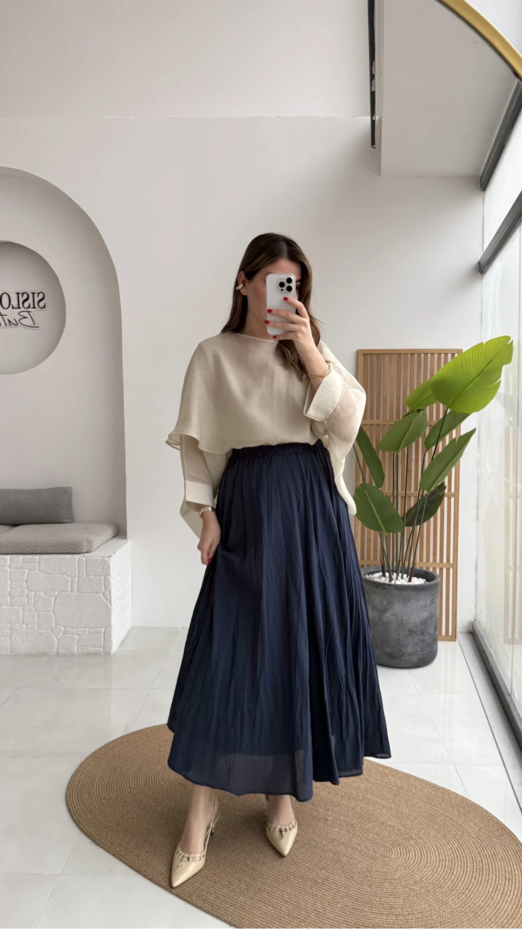 Pole Astarlı Kırışık Kloş Etek - Lacivert - Kod: 3000