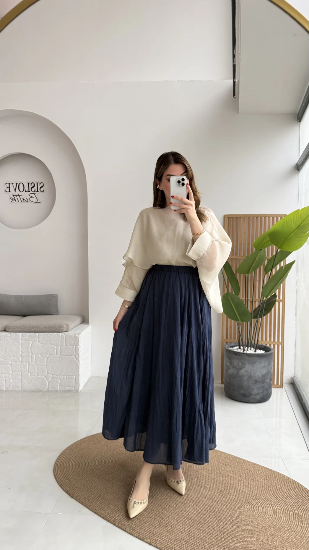 Pole Astarlı Kırışık Kloş Etek - Lacivert - Kod: 3000