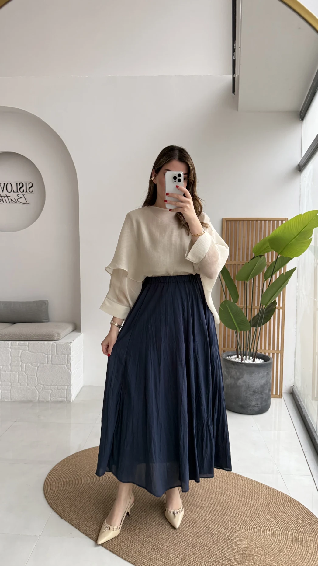 Pole Astarlı Kırışık Kloş Etek - Lacivert - Kod: 3000