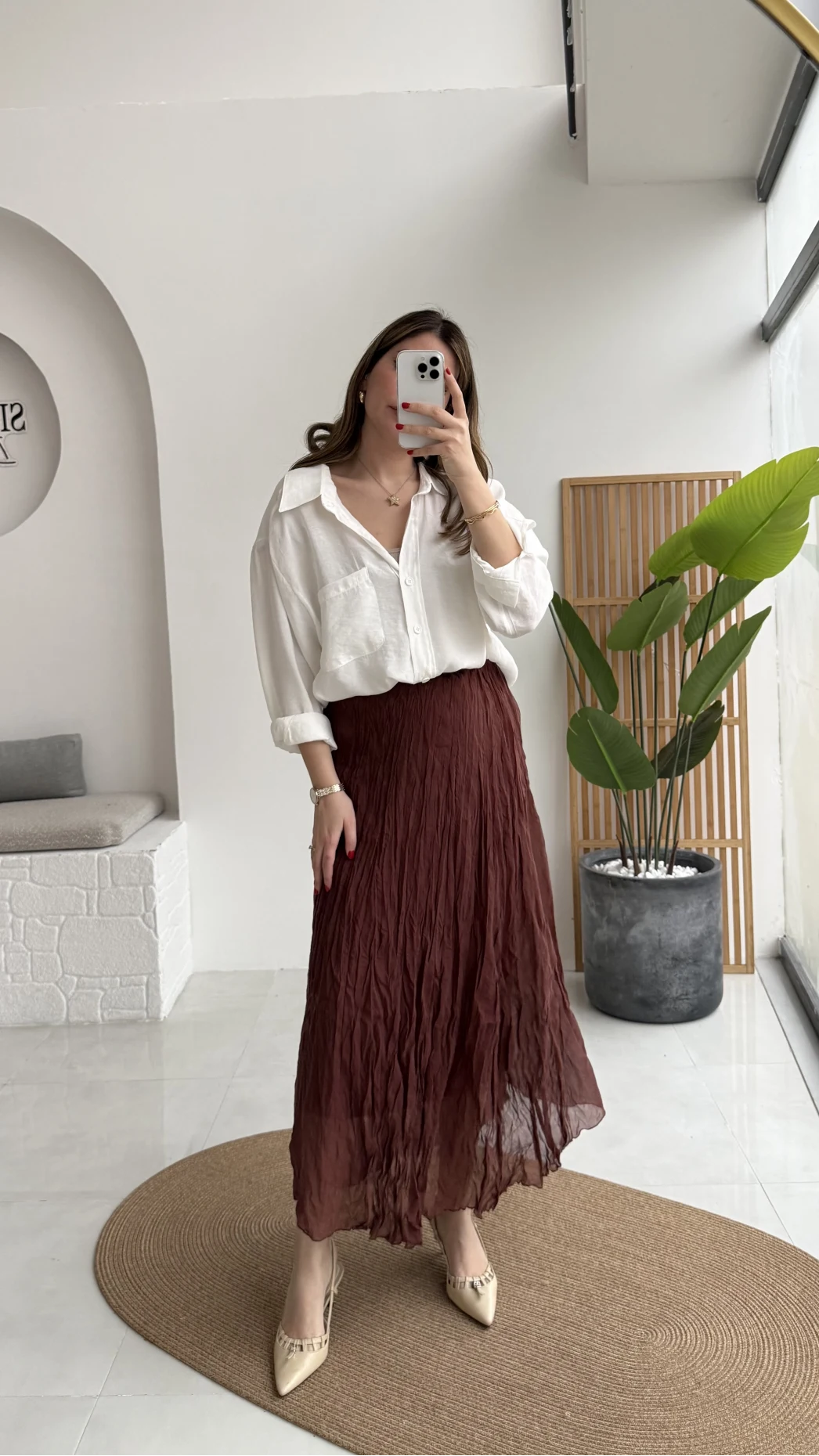 Astarlı Kırışık Beli Lastikli Etek - Tarçın - Kod: 3207