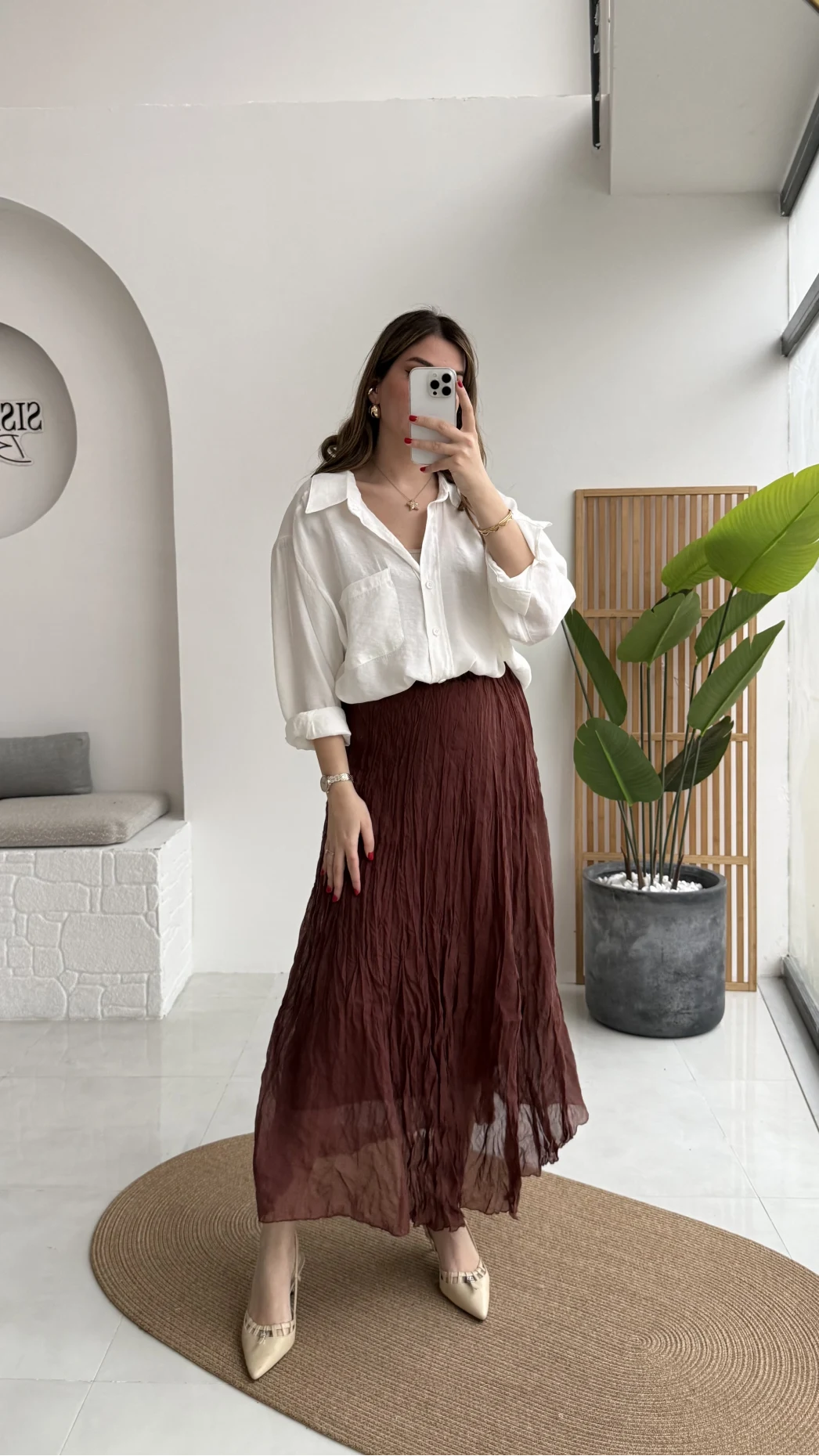 Astarlı Kırışık Beli Lastikli Etek - Tarçın - Kod: 3207