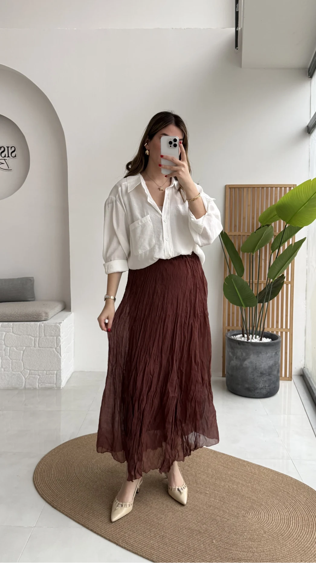 Astarlı Kırışık Beli Lastikli Etek - Tarçın - Kod: 3207