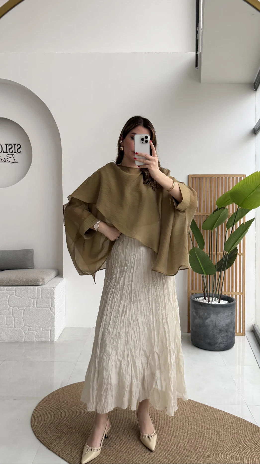 Astarlı Kırışık Beli Lastikli Etek - Taş - Kod: 3207