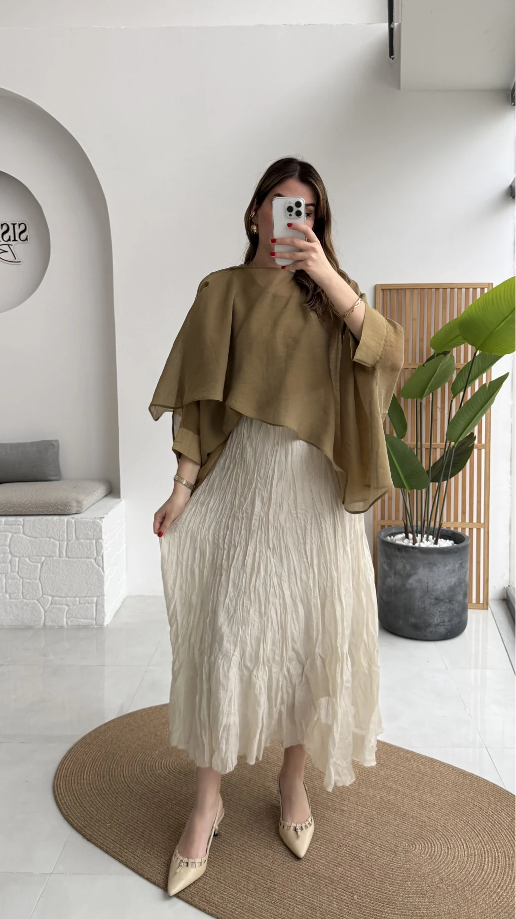 Astarlı Kırışık Beli Lastikli Etek - Taş - Kod: 3207