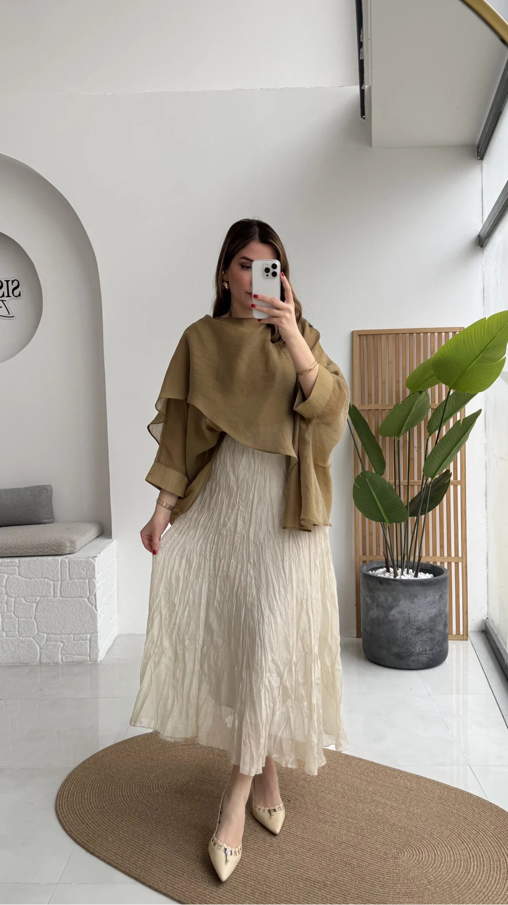 Astarlı Kırışık Beli Lastikli Etek - Taş - Kod: 3207