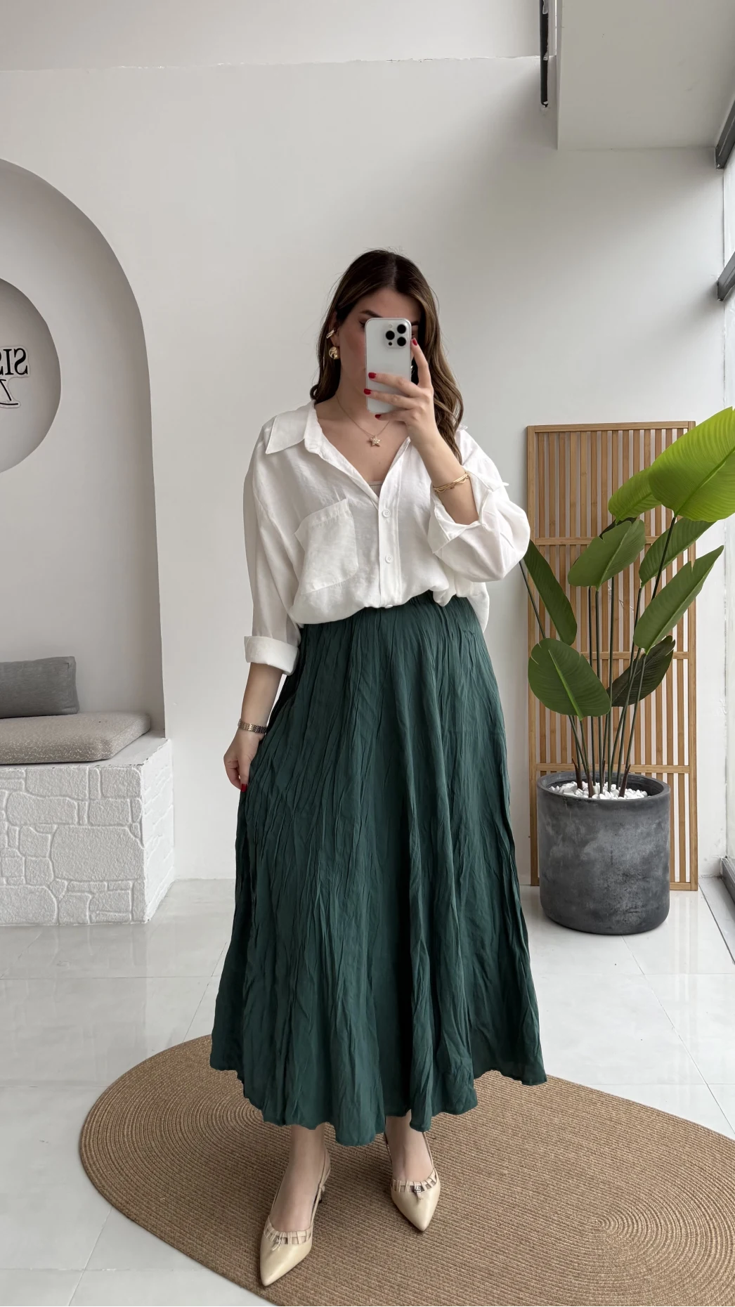 Astarlı Kırışık Beli Lastikli Etek - Zümrüt - Kod: 3207