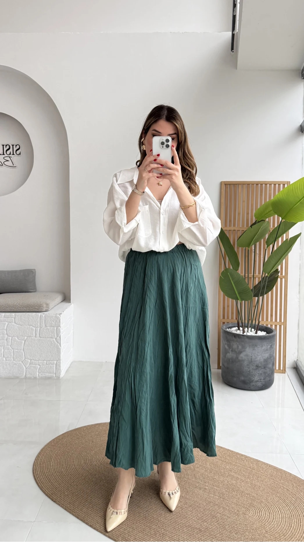 Astarlı Kırışık Beli Lastikli Etek - Zümrüt - Kod: 3207