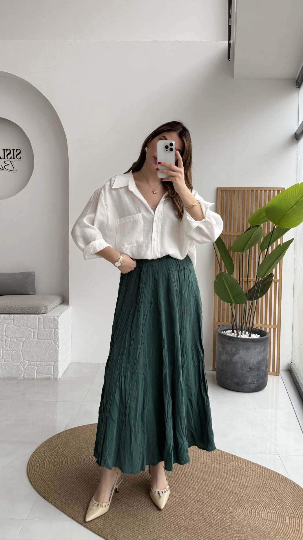 Astarlı Kırışık Beli Lastikli Etek - Zümrüt - Kod: 3207