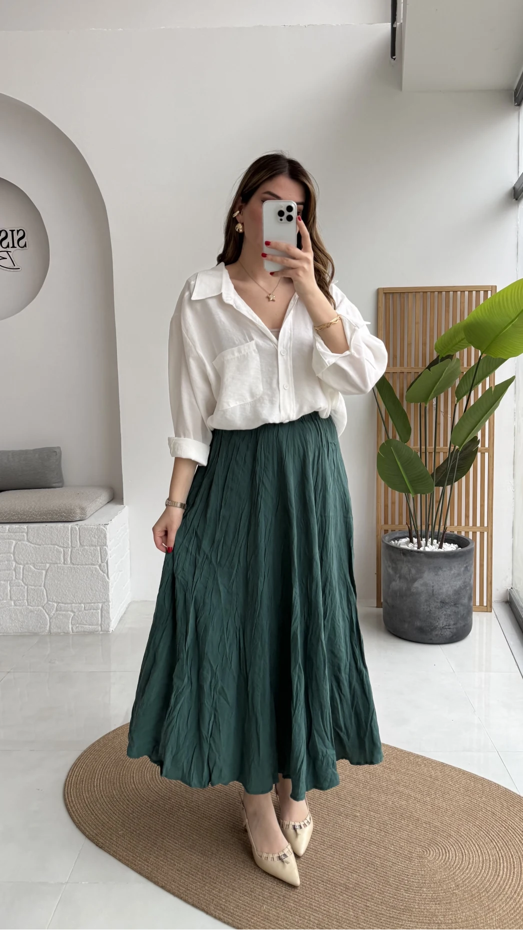 Astarlı Kırışık Beli Lastikli Etek - Zümrüt - Kod: 3207