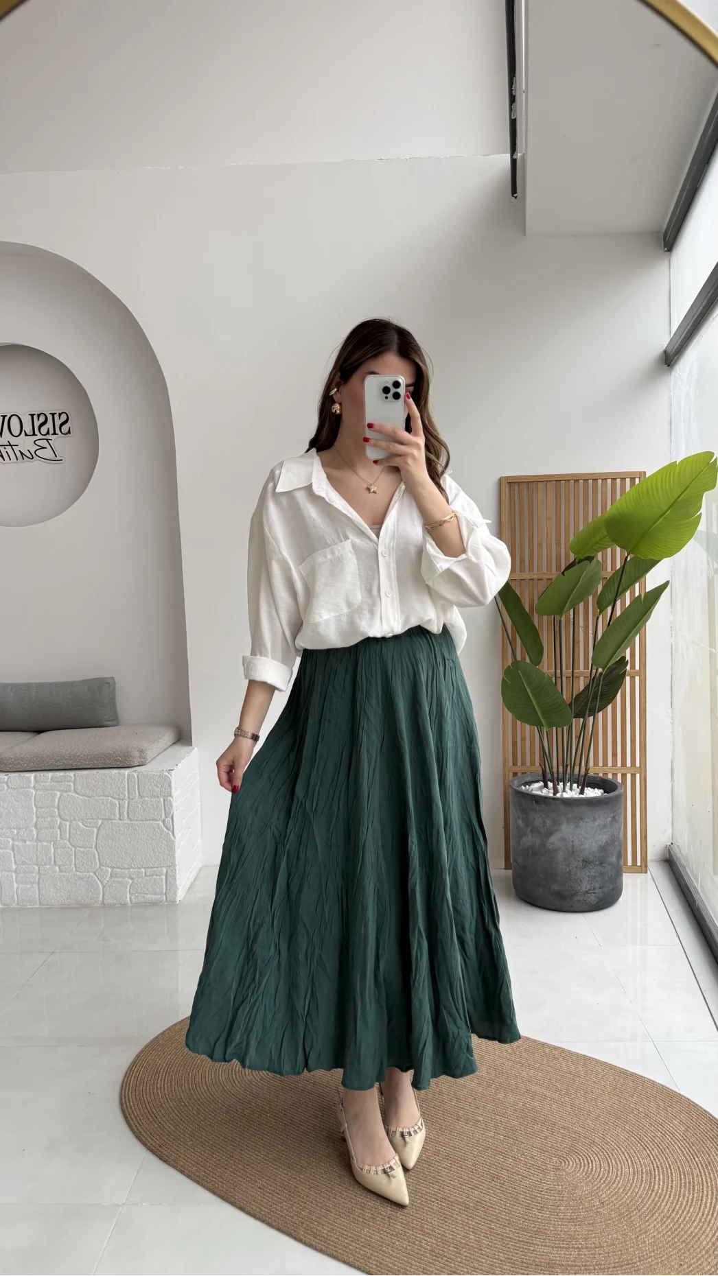 Astarlı Kırışık Beli Lastikli Etek - Zümrüt - Kod: 3207