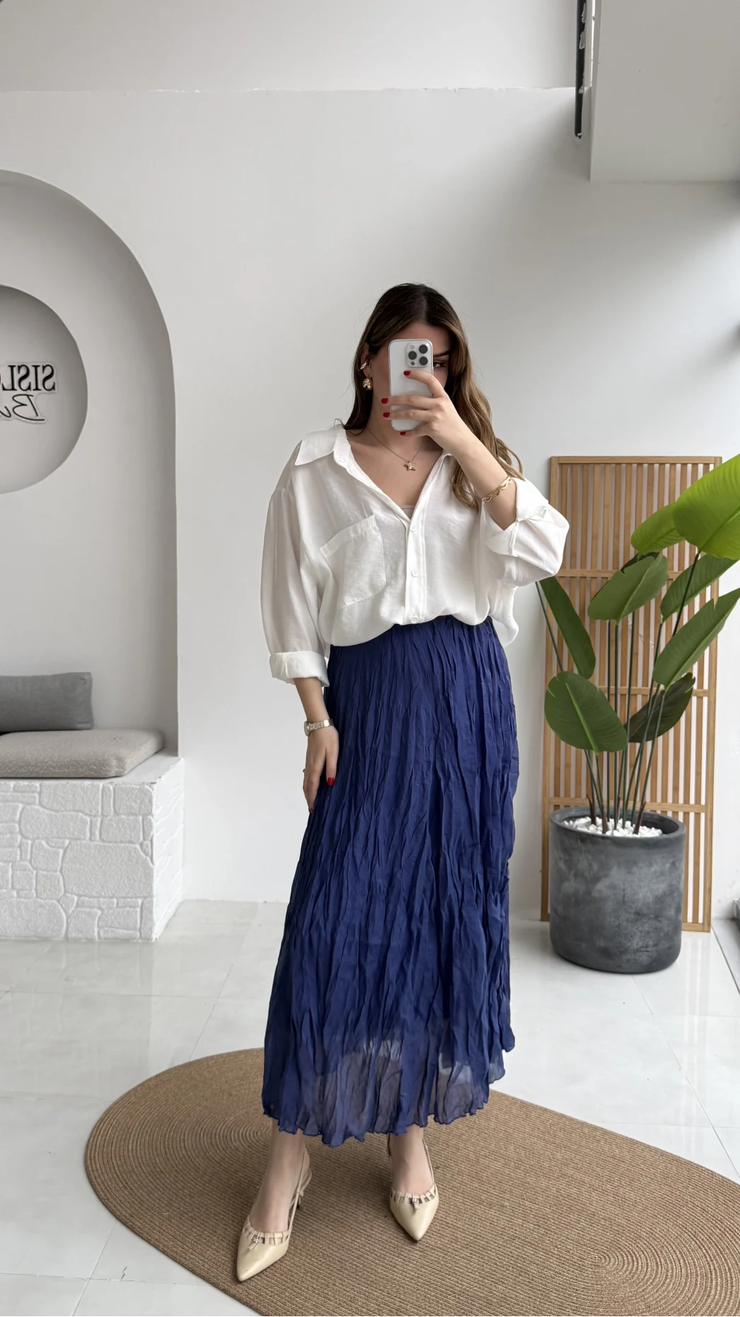 Astarlı Kırışık Beli Lastikli Etek - Lacivert - Kod: 3207