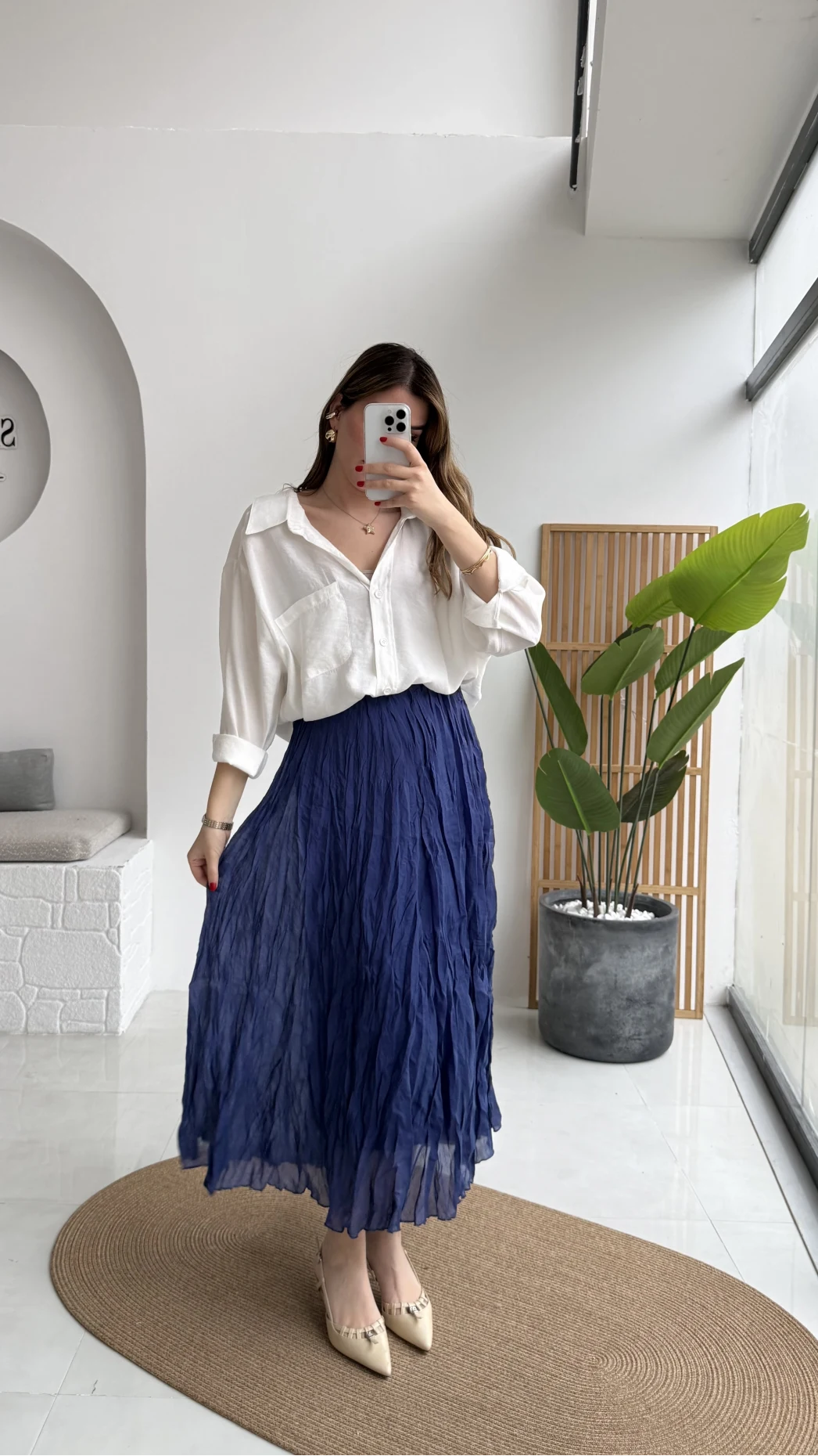 Astarlı Kırışık Beli Lastikli Etek - Lacivert - Kod: 3207