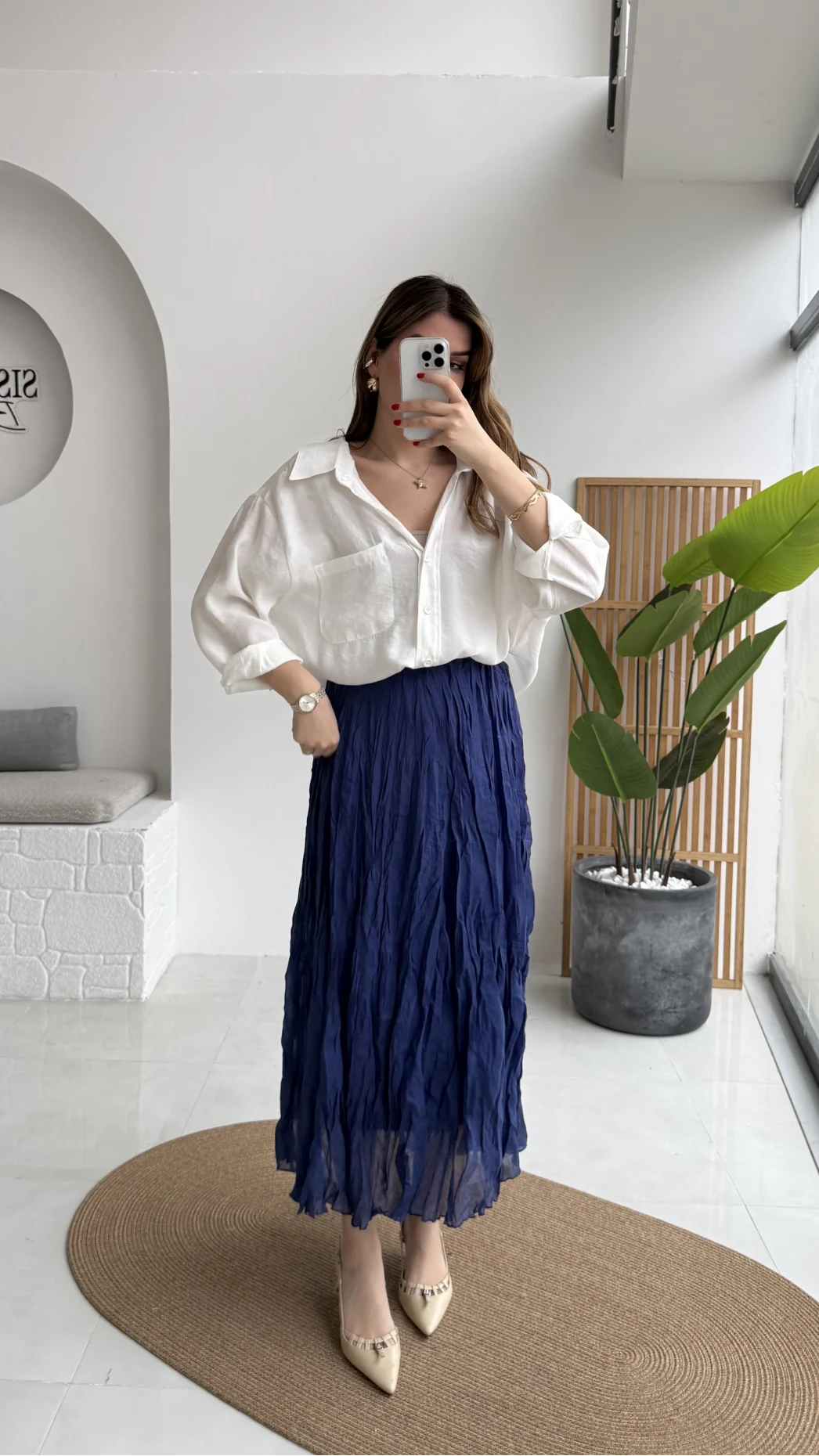 Astarlı Kırışık Beli Lastikli Etek - Lacivert - Kod: 3207