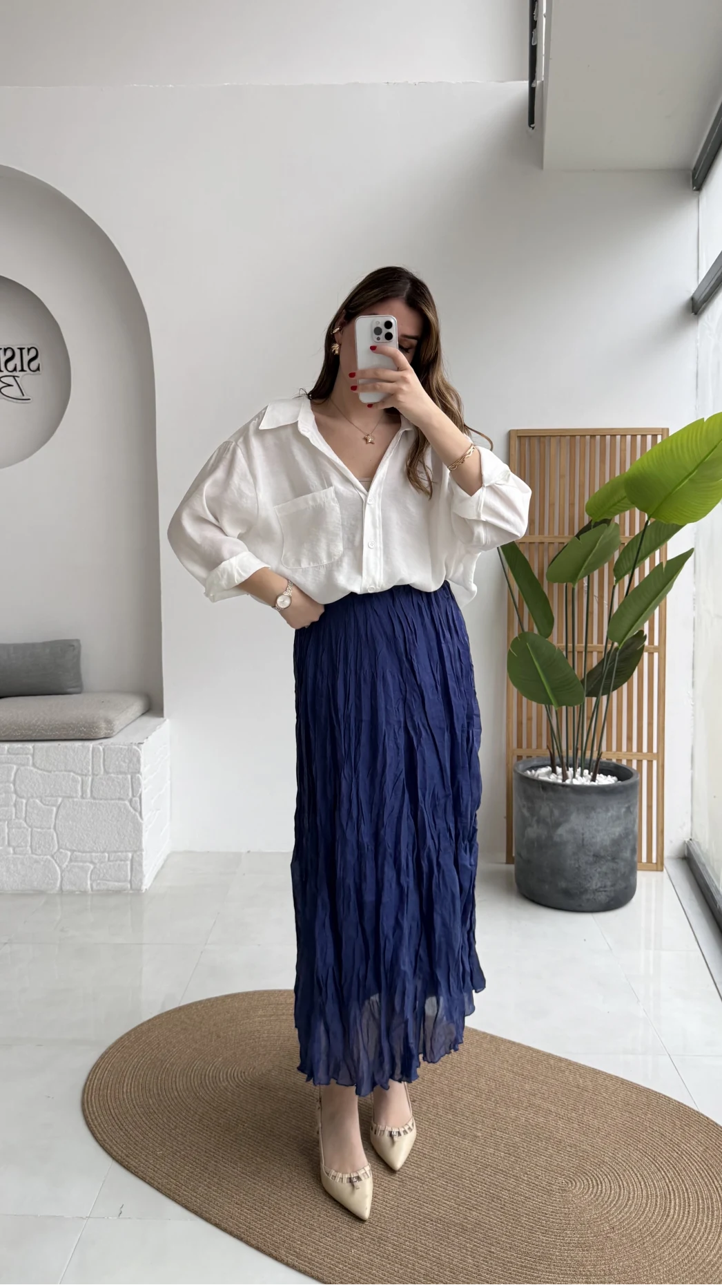 Astarlı Kırışık Beli Lastikli Etek - Lacivert - Kod: 3207