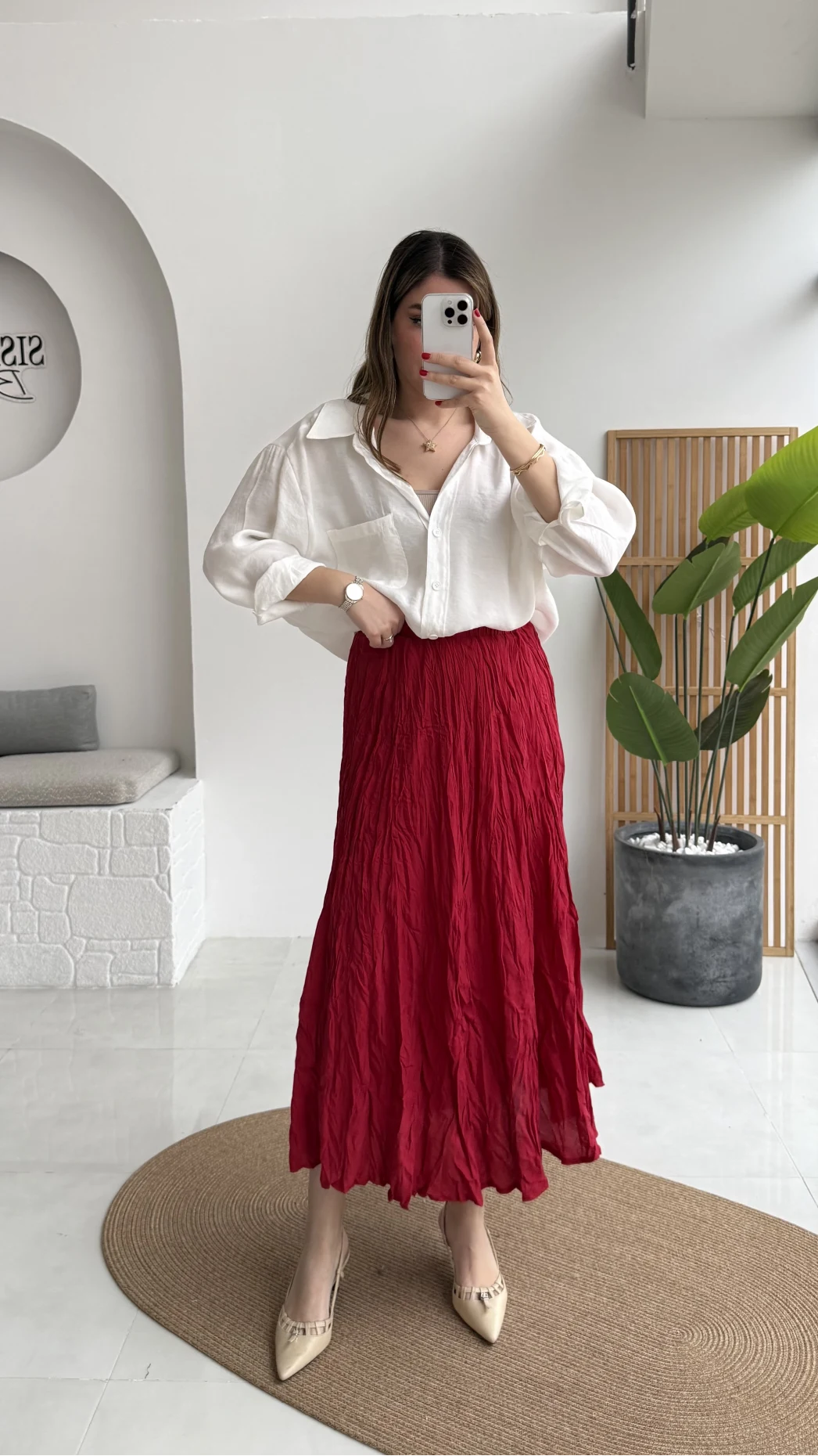 Astarlı Kırışık Beli Lastikli Etek - Kırmızı - Kod: 3207