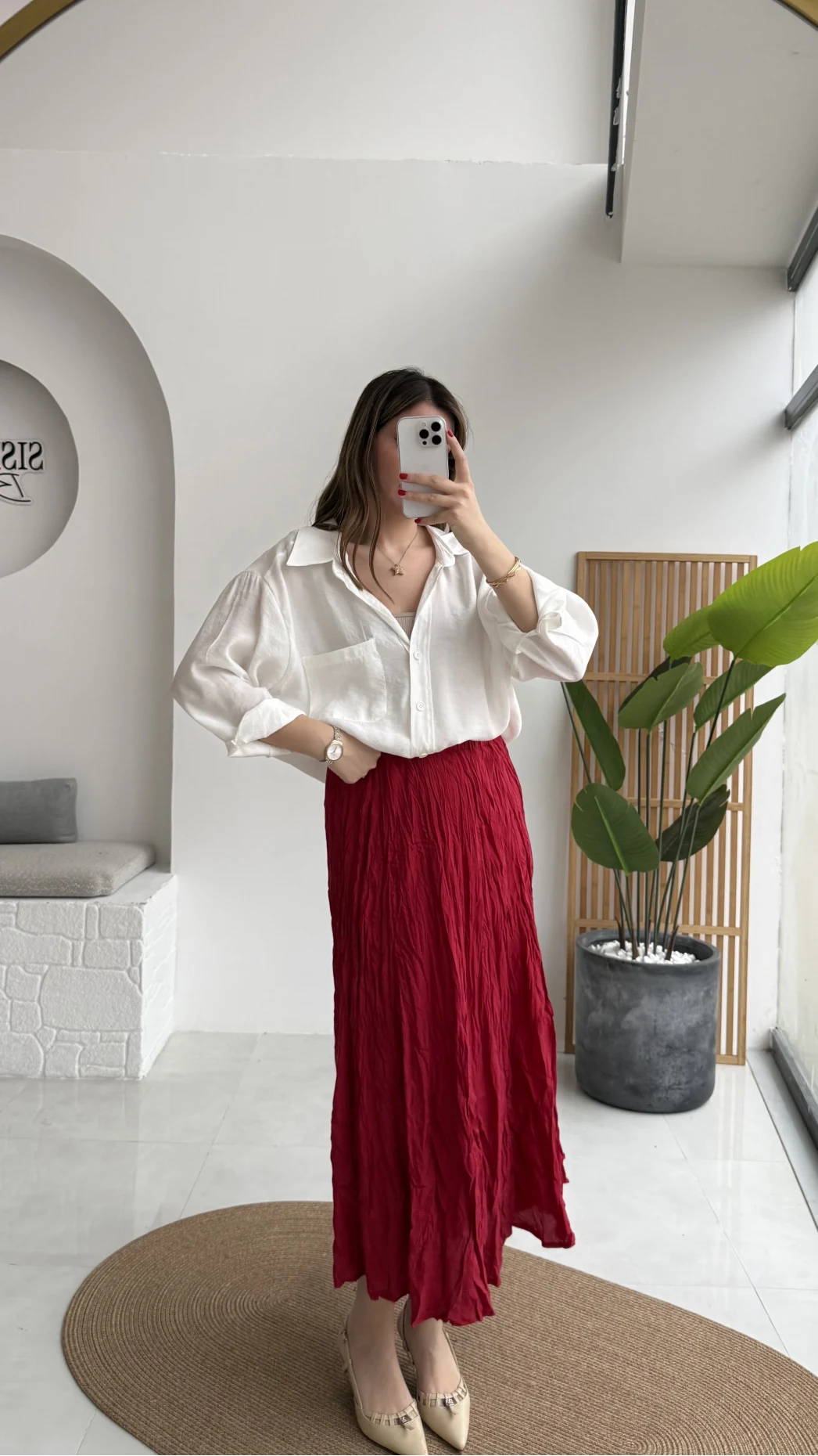 Astarlı Kırışık Beli Lastikli Etek - Kırmızı - Kod: 3207