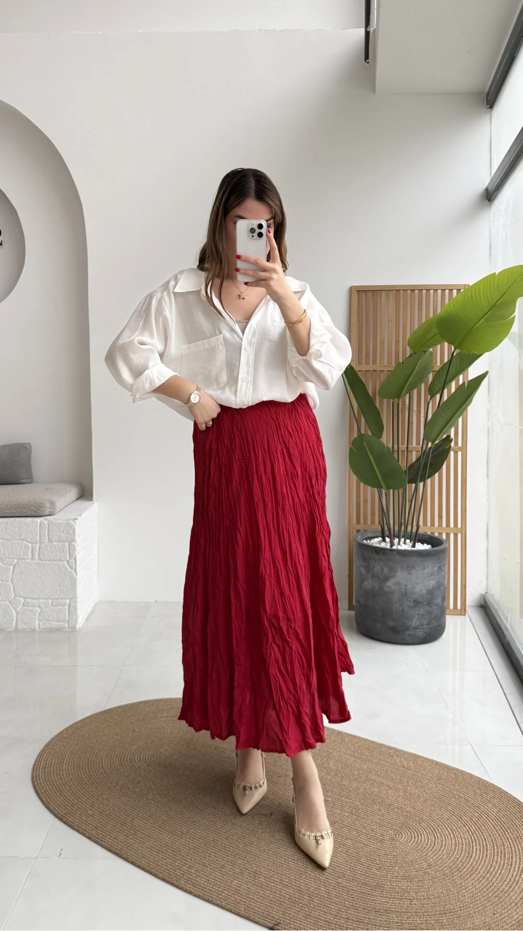 Astarlı Kırışık Beli Lastikli Etek - Kırmızı - Kod: 3207