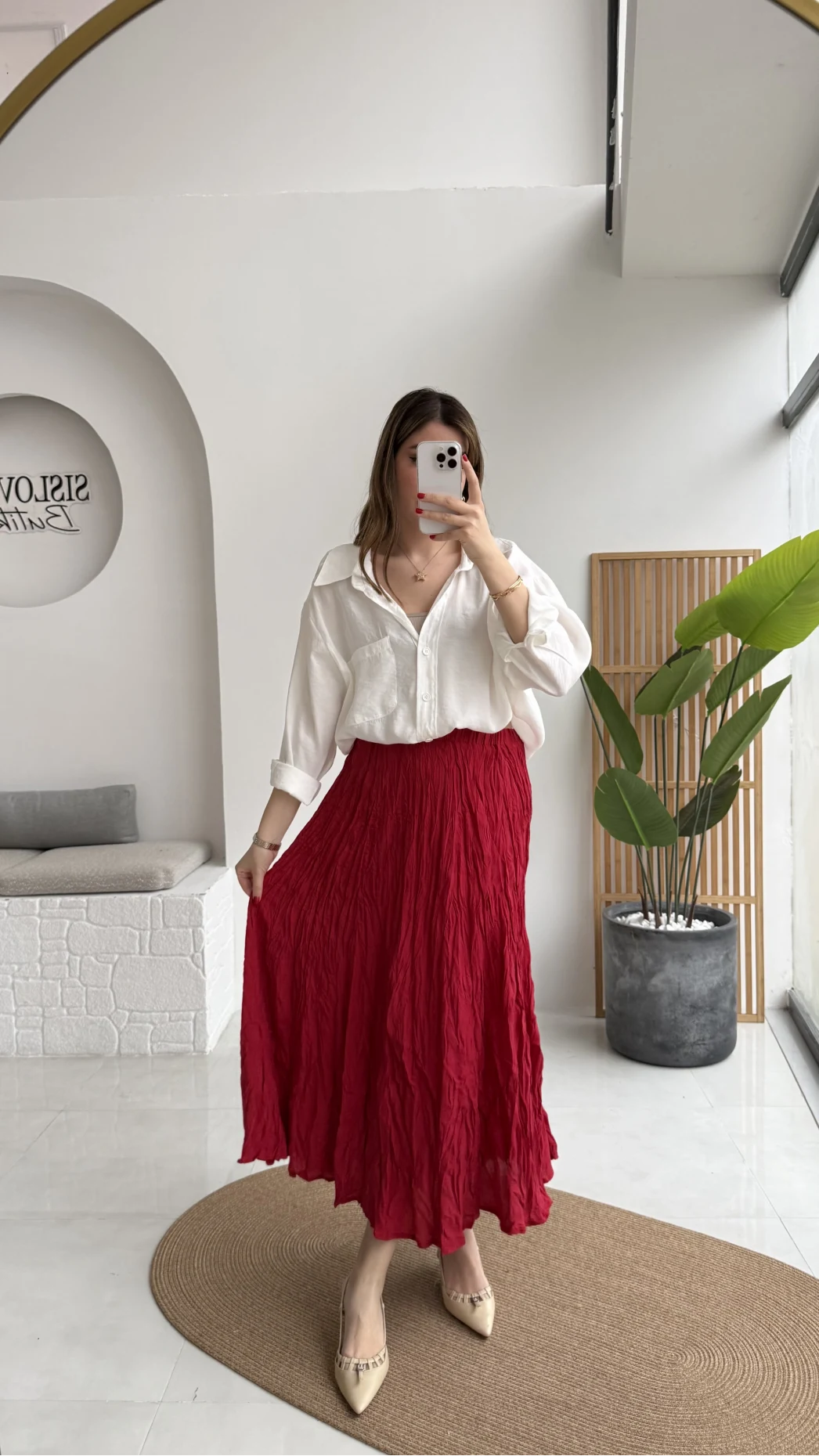 Astarlı Kırışık Beli Lastikli Etek - Kırmızı - Kod: 3207