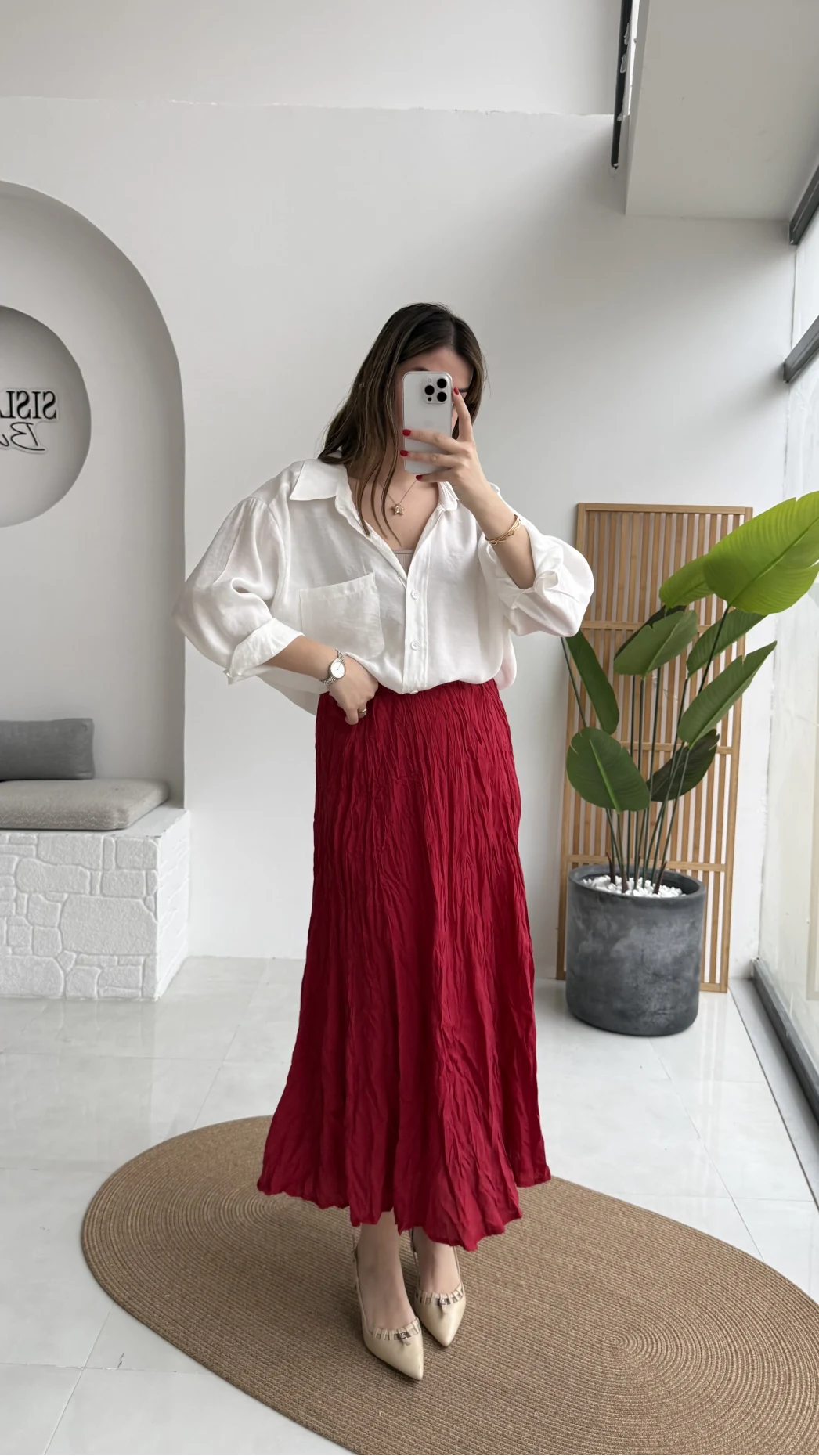 Astarlı Kırışık Beli Lastikli Etek - Kırmızı - Kod: 3207