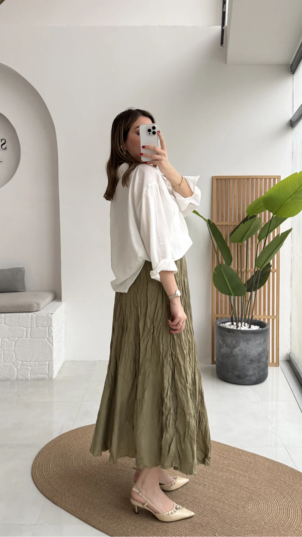 Astarlı Kırışık Beli Lastikli Etek - Haki - Kod: 3207