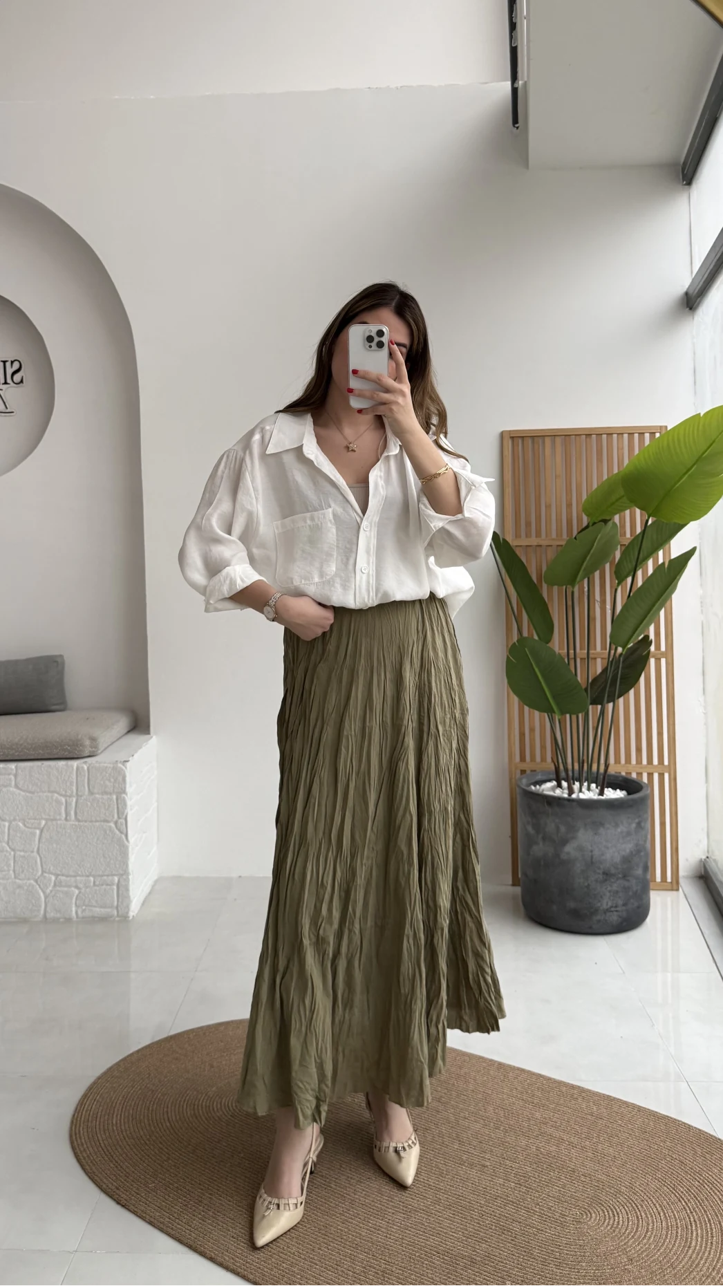 Astarlı Kırışık Beli Lastikli Etek - Haki - Kod: 3207