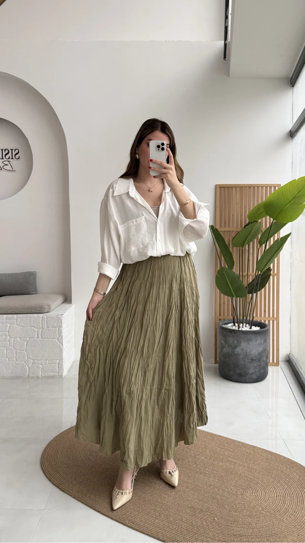 Astarlı Kırışık Beli Lastikli Etek - Haki - Kod: 3207