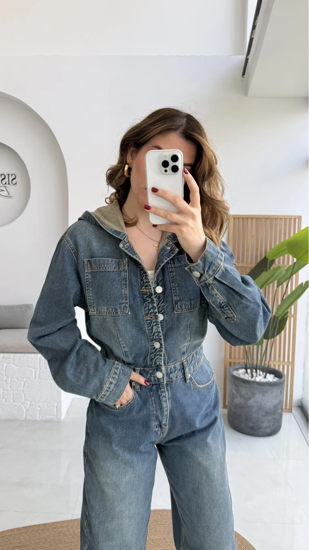 Baggy Kapüşonlu Denim Tulum - Kod: 1455