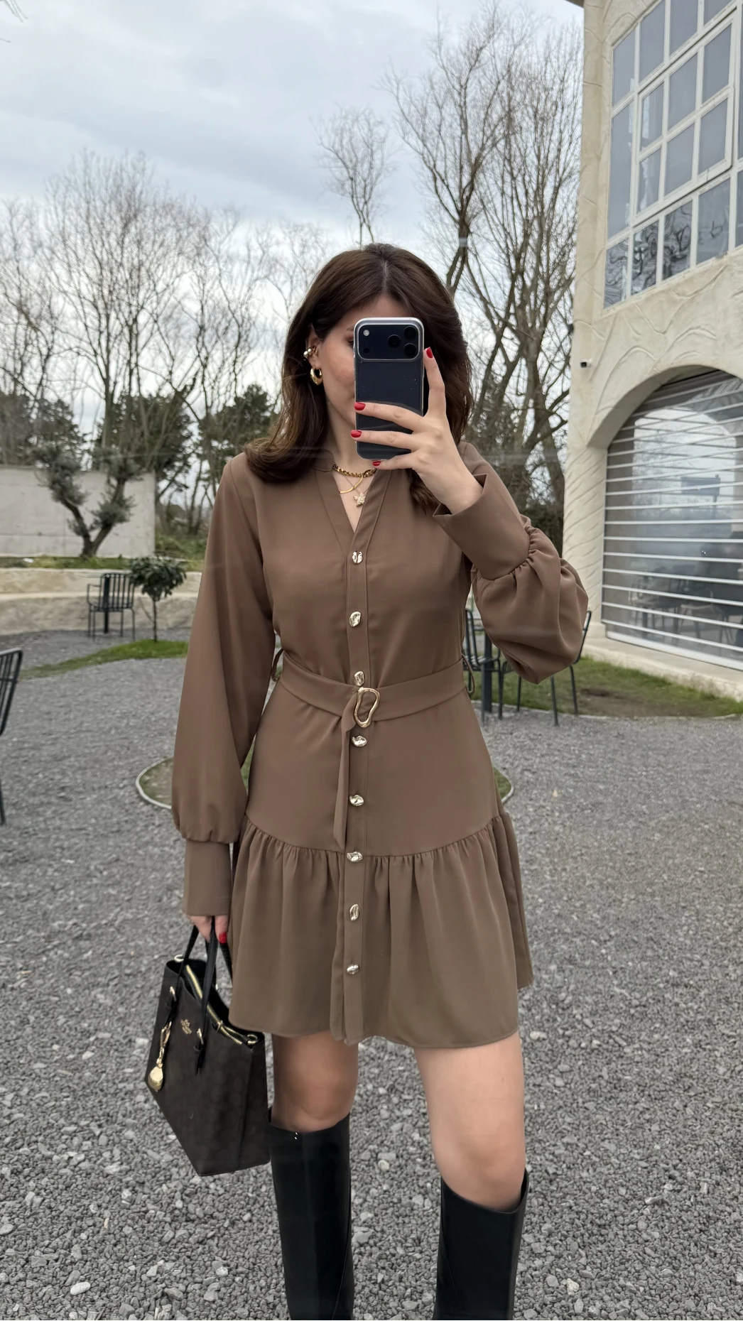 Gabriela Kemerli Gold Düğmeli Mini Elbise - Vizon - Kod: 0922