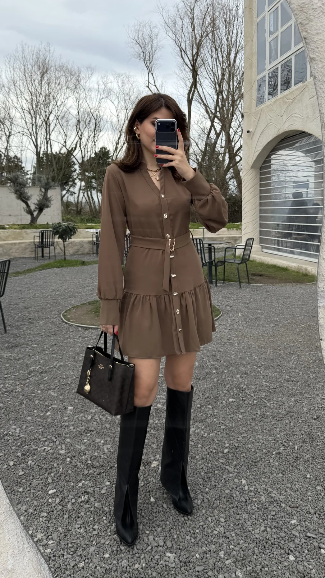 Gabriela Kemerli Gold Düğmeli Mini Elbise - Vizon - Kod: 0922