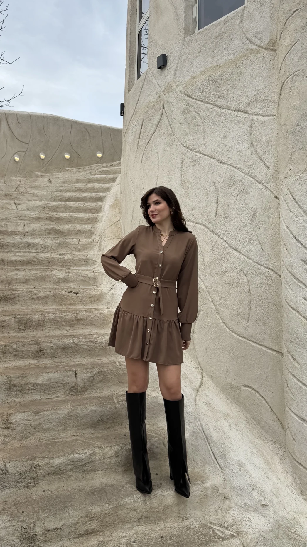 Gabriela Kemerli Gold Düğmeli Mini Elbise - Vizon - Kod: 0922