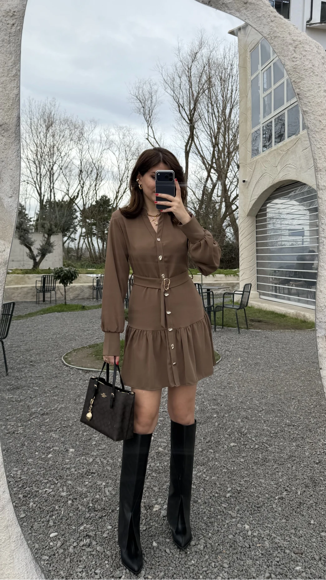 Gabriela Kemerli Gold Düğmeli Mini Elbise - Vizon - Kod: 0922