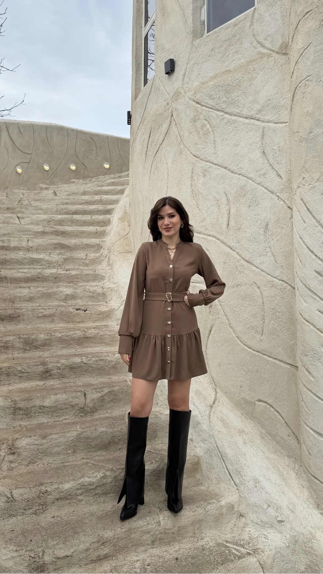 Gabriela Kemerli Gold Düğmeli Mini Elbise - Vizon - Kod: 0922