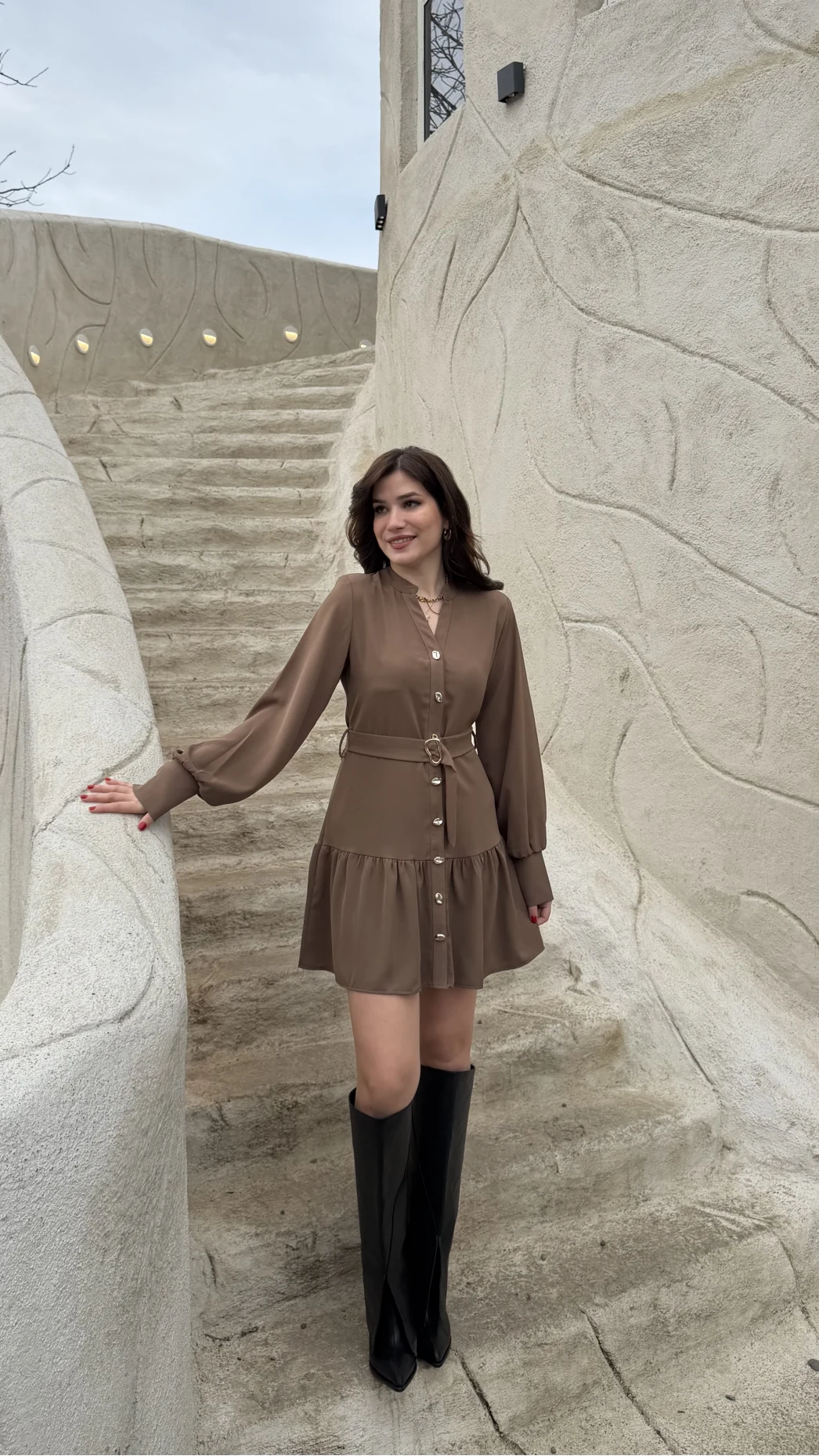 Gabriela Kemerli Gold Düğmeli Mini Elbise - Vizon - Kod: 0922