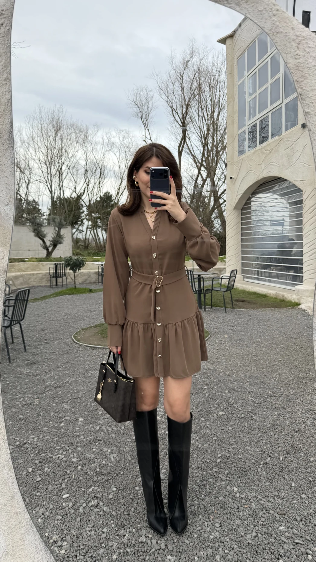 Gabriela Kemerli Gold Düğmeli Mini Elbise - Vizon - Kod: 0922