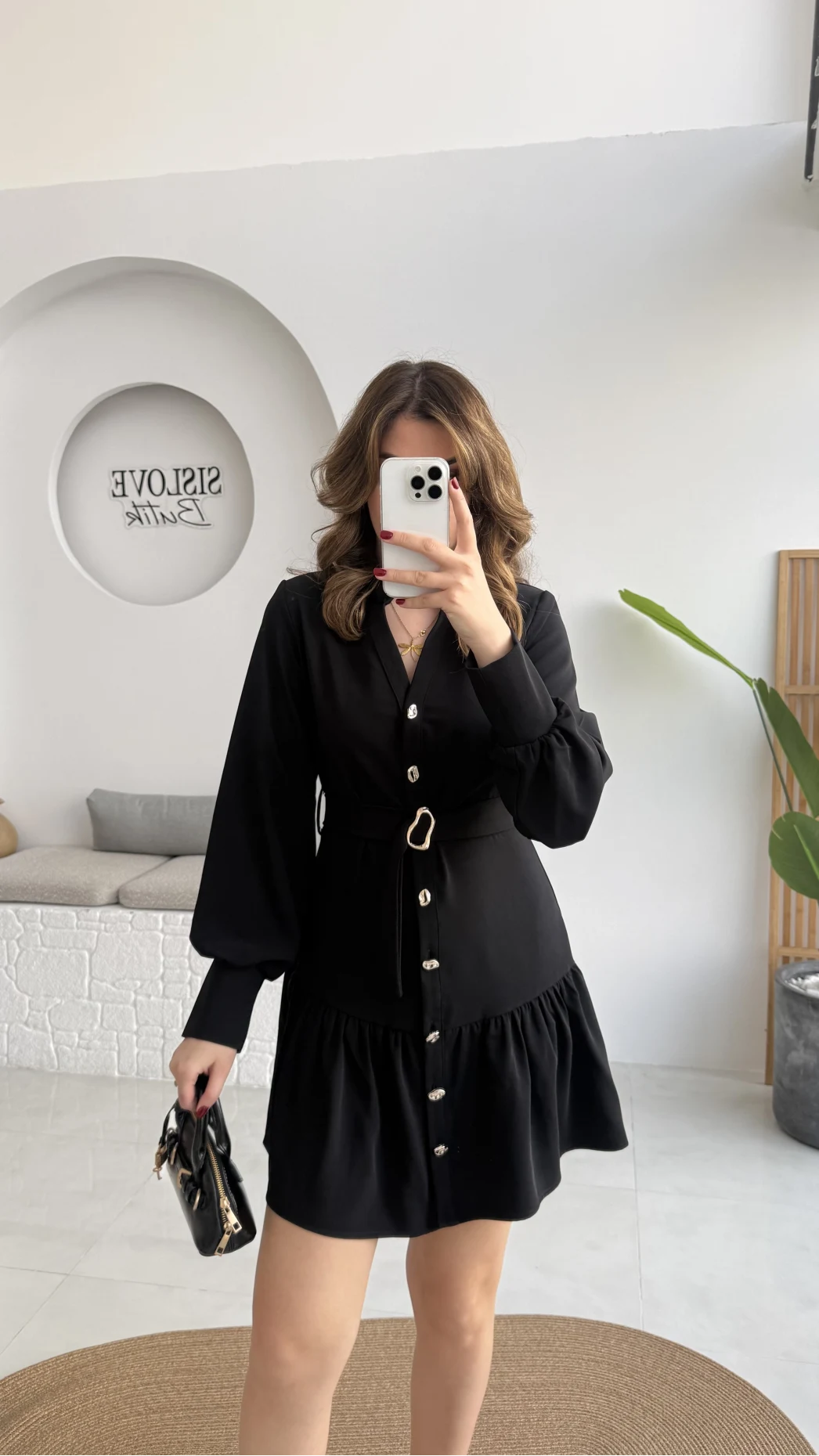 Gabriela Kemerli Gold Düğmeli Mini Elbise - Siyah - Kod: 0922